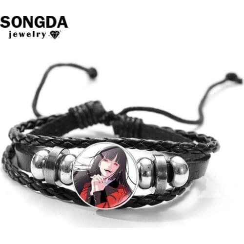 SONGDA Kakegurui Yumeko Jabami Punk Leather Bracelet Cosplay Anime Art Photo Glass Cabochon Snap Buckle Charm Bracelet for Women