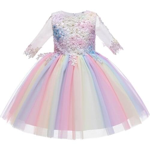 Lace rainbow yarn mid-sleeve knee-length dress 3-14 year old 2021 New bow summer princess dress Unicorn birthday party