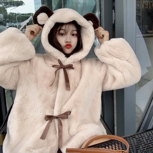 Lucyever 2021 New Sweet Bow Furry Faux Rabbit Fur Coats Women Hooded Bear Ears Long Sleeve Jacket Winter Preppy Style Teddy Coat