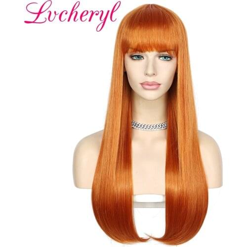 Lvcheryl Machine Made Long Synthetic Wig with Bangs Natural Wave Simulated Scalp orange Wigs High Temperature Hair Cosplay Party