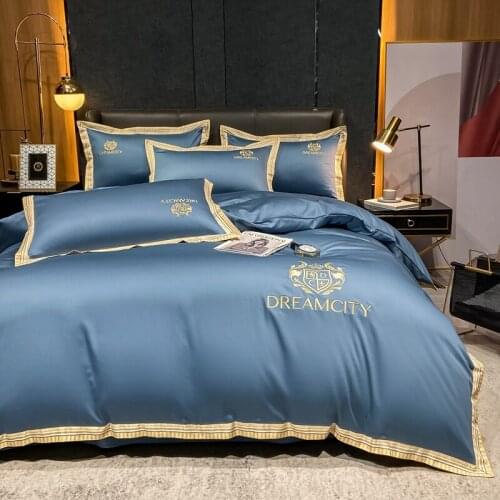 New Luxury Blue Cotton Embroidery Bedding Set Solid Color Duvet Cover Bed Linen Fitted Sheet Pillowcases King Queen Size
