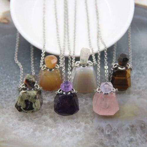 Natural Tiger Eye/Amethysts Perfume Bottle Pendant,Agates/Rose Quartzs/Ocean Jaspers Essential Oil Diffuser Necklace DIY Jewelry