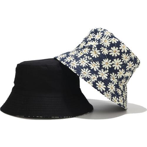 New Western Style Bucket Hats Women Chrysanthemum Print Double-sided Wearing Fisherman Hat Outdoor Sun Leisure Basin Cap