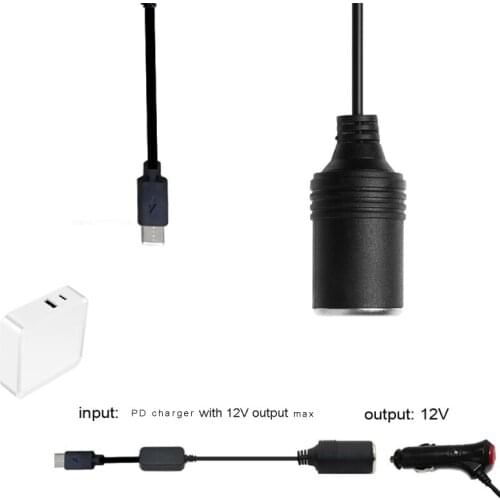 USB C PD Type C Male to 12V Car Cigarette Lighter Socket Female Step Up Cable for Driving Recorder GPS E-Dog Car Fan
