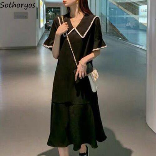 Dress Women Black Plus Size 4XL Loose Patchwork Fashion Sailor Collar Korean Style Chic Sweet Females Dresses Harajuku Simple