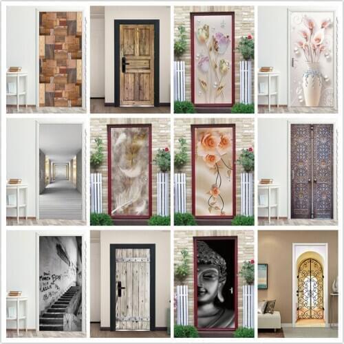 3D Self-Adhesive Pvc Diy Door Sticker Poster Home Design Waterproof Decor Wooden Doors Wallpaper Landscape Flower Stickers