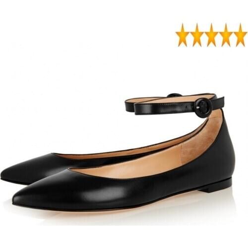 Genuine Fashion Japanese Leather Style Women Luxury Summer Black Ankle Strap Flat Shoes Lady Pointed Toe Office Sandals