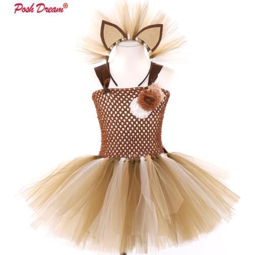 POSH DREAM Lion Cosplay Children Party Dresses match Headband Novelty Brown Cartoon Kids Girls Tutu Dresses Halloween Costumes