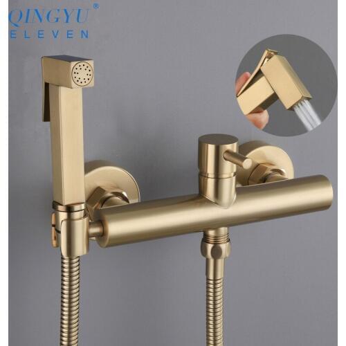 Brushed Gold Soild Brass Toilet Bidet Sprayer Set Hot And Cold Water Mixer European Hygienic Square Hand Gold Bidet Shower Set
