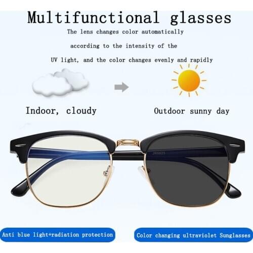 2020 New RMM polygon Anti blue light Discolored Sunglasses metal eyeglasses for men women multi-function Photochromic glasses