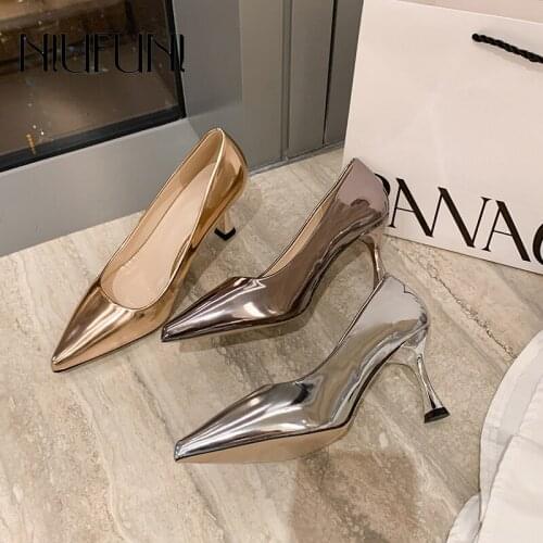 Pumps Pointed Stiletto High Heels Gold Silver Simple Patent Leather Sexy Slip-On Womens Shoes Fashion Elegant Dress Work Shoes