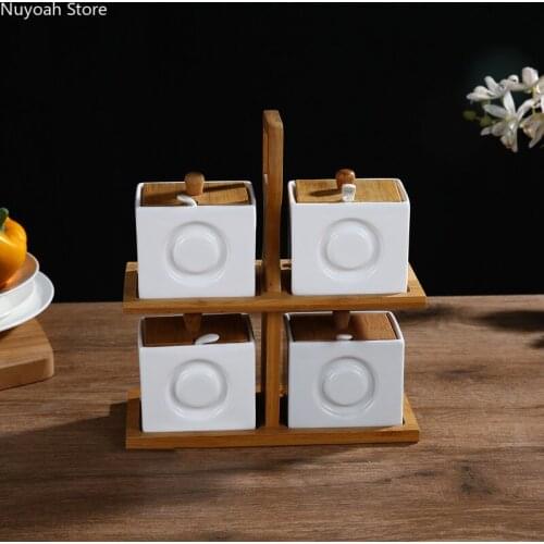 Creative Seasoning Storage Box Ceramic Seasoning Jar Upper and Lower Seasoning Box with Bamboo Lid with Spoon Seasoning Set