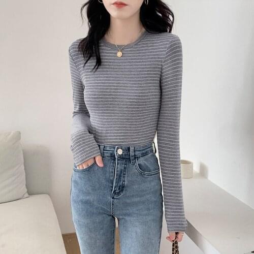 Striped Long Sleeved Skinny Crop Top Korean Fashion WomenS T-Shirt Female Vintage Clothing Blouses 2021 Kawaii Harajuku