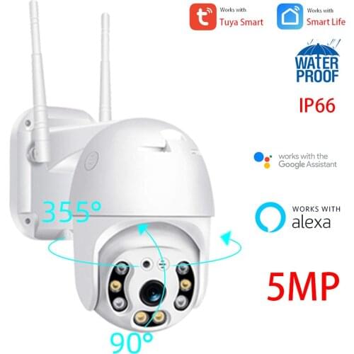 5MP Tuya Smart IP66 Outdoor PTZ Wireless WiFi Security CCTV Surveillance Camera Alexa Google with White Light Color Night Vision