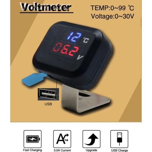 Universal Motorcycle USB Charger 0-30V Voltmeter 0-99℃ Temperature Gauge DC 2 in 1 Digital Display Waterproof