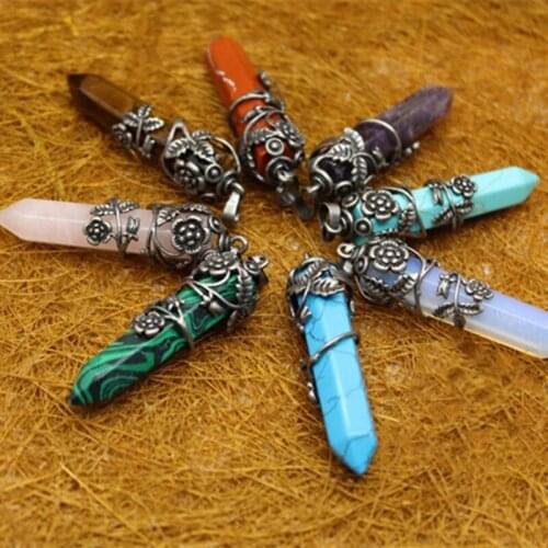 Unisex Adult Fashion Jewelry Long Hexagonal Prism Natural Stone Wire Wrap Pendant Women and Men Birthstone Necklace Accessories