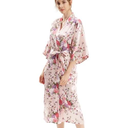 Womens Floral Long Robes Silky Pink Cherry Satin Kimono Bridesmaid Bride Party Lightweight Sexy Nightgown Sleepwear