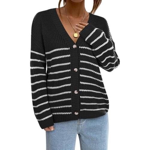 Women Color Block Casual Cardigan Adults Striped Button Down Long Sleeve V-neck Sweater