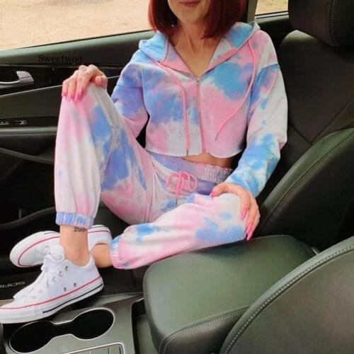 2020 Spring Printing Women Sets Zipper Hoodies Crop Tops Drawstring Pants Outfit Tracksuits