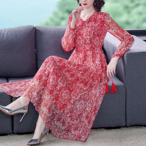 Spring Autumn Boho Red Floral Long Sleeve Maxi Dress 2021 Elegant Casual Party Vestido Women Vintage Bodycon Mulberry Silk Dress
