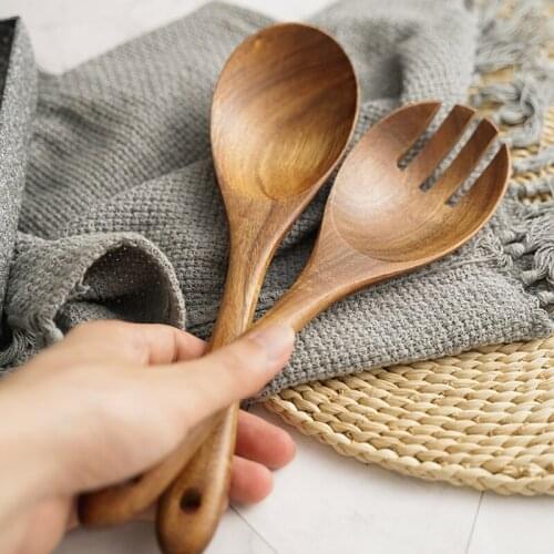 N58C 2Pcs Wooden Salad Servers Spoon and Fork Set Long Handle Large Dinner Soup Serving Cooking Untensils Cutlery Tableware