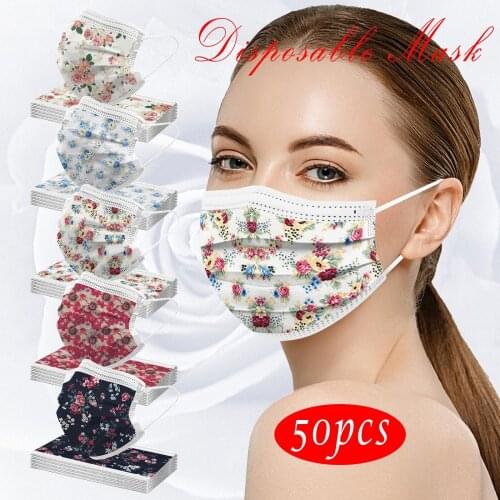 50PCS Adults Beautiful Elegant Flower Prints Breathable 3 -Layer Disposable 3Ply mascarilla Monder Scarf Halloween Cosplay MasK