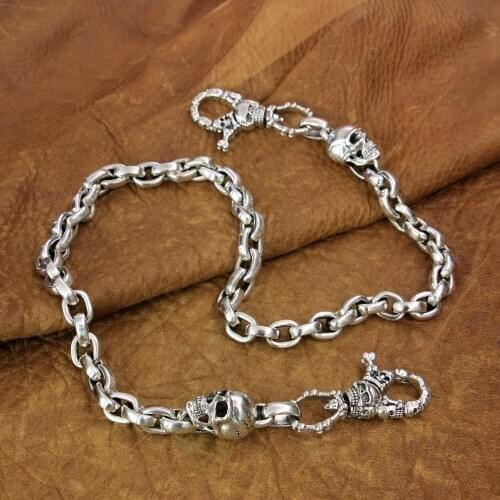 925 Sterling Silver Skull Wallet Chain Mens Biker Rock Link KeyChain TA141WC