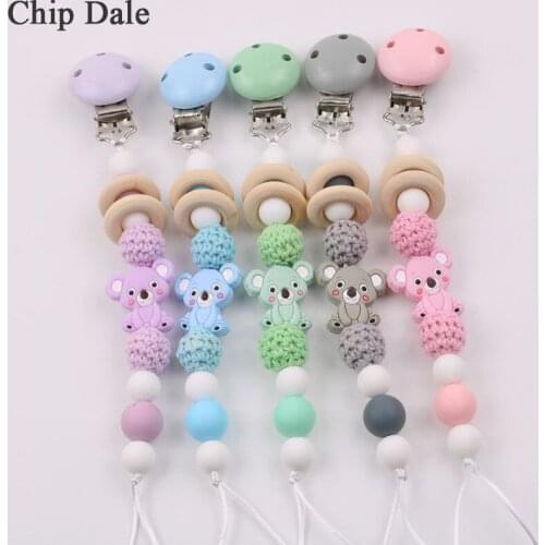Chip Dale Baby Pacifier Clip Chain Koala Silicone Beads Wooden Holder Soother Pacifier Clips Nipple Holder for Infant Nipple