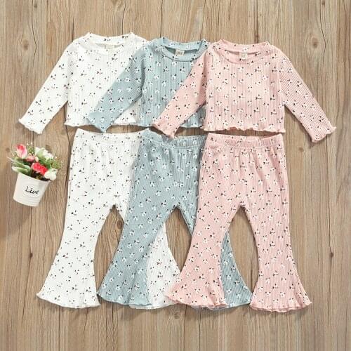 2Pieces Kids Girls Suit Set Toddler Infant Floral Print Ribbed Cotton Long Sleeve Crop Tops+Flared Pants Clothes for Girls