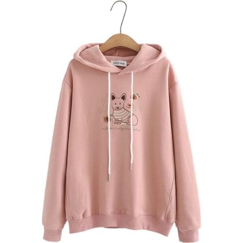 Fleece Thick Hooded Sweatshirts Women Cartoon Dog Embroidery Cute Hoodies 2021 Winter Harakuju Kawaii Long Sleeve Pullovers