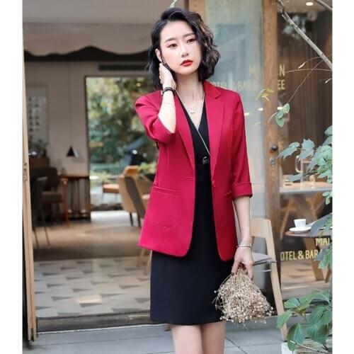 Fashion Red Blazer for Women Business Suits Ladies Dress and Jacket Sets Work Wear OL Styles Half Sleeve