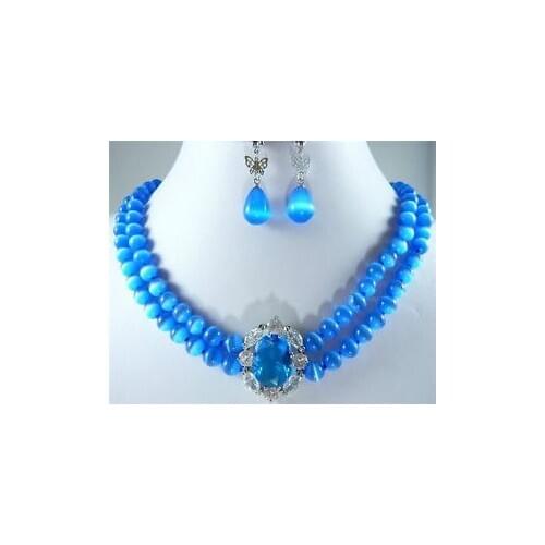 Pretty!2Rows 8MM Blue Opal Necklace Earring SET