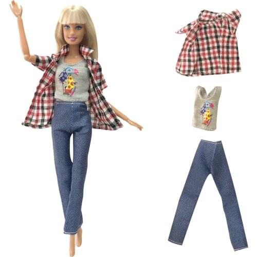 NK 1 PCS Cartoon Cute Pattern T-shirt +Coat+ Trousers Clothes For Barbie Doll Accessories Toy Handmade Fashion Outfit 083F 1X