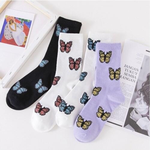 Autumn New Cartoon Couple Socks Ins Cute Sweet Butterfly In Tube Socks Candy Color Happy Funny Cotton Art Socks Christmas Gifts