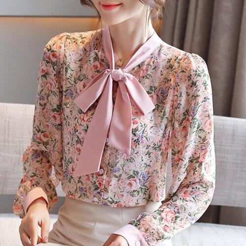 Long Sleeve Bow V-Neck Print Chiffon Blouse Shirt Tops Blusa Blouse Women Blusas Mujer De Moda 2021 Womens Tops And Blouses D819