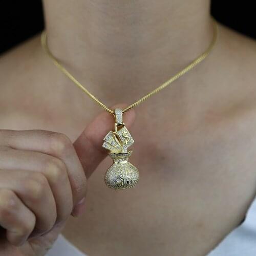 Sparking CZ US Dollar Money Bag Pendant Gold Color Iced Out Bling 5A Cubic Zircon Paved Hip Hop Women Box Chain Necklace Jewelry