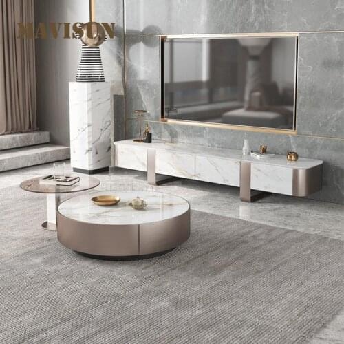 Light Luxury Round Rock Board Coffee Table Creative Nordic Modern Minimalist Small Apartment Coffee Table And TV Cabinet Set