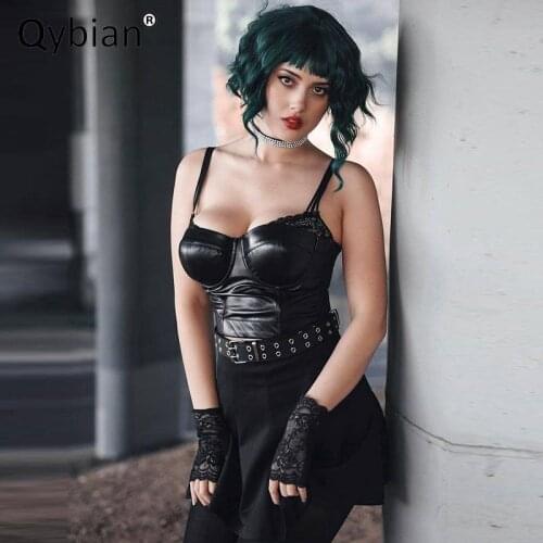 Punk Style Dark Sexy Lace Splicing Leather Pu Tank Top Crop Tops 2021 Summer New Tank Tops Slim Cool Lady Top Sexy Femme