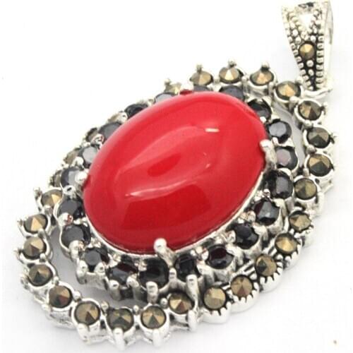 VINTAGE 925 STERLING SILVER IMITATION RED CORAL MARCASITE PENDANT 40x23MM
