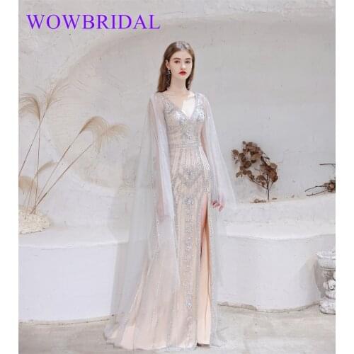 Wowbrial 2021 Elegant Beaded Floor Length Tulle Coral Lace Appliqued Dubai Evening Dresses with Long Sleeve