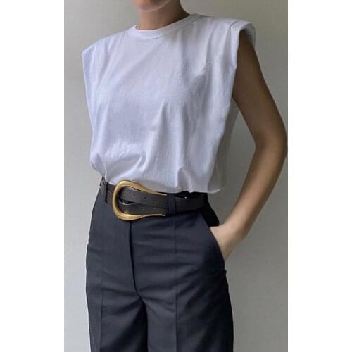 Women Sleeveless Summer T-shirt Ladies 2020 New Summer O-Neck Simple Tee Female Wild Stylish T Shirts Top With Shoulder Pads