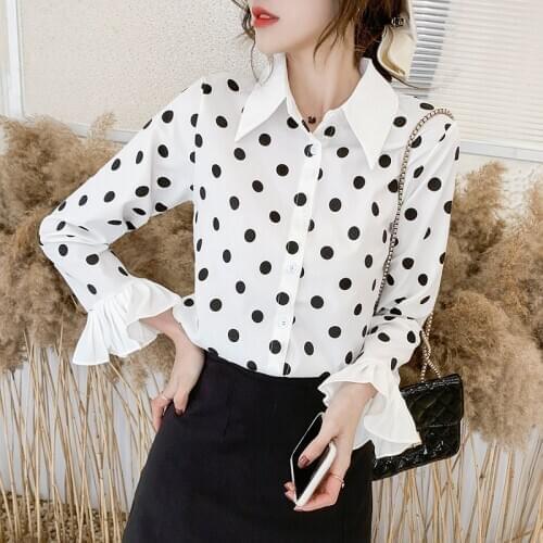 Womens Blouse Polka Dot Printed Chiffon Shirt Spring Korean Fashion Loose Long Sleeve Top Blusas