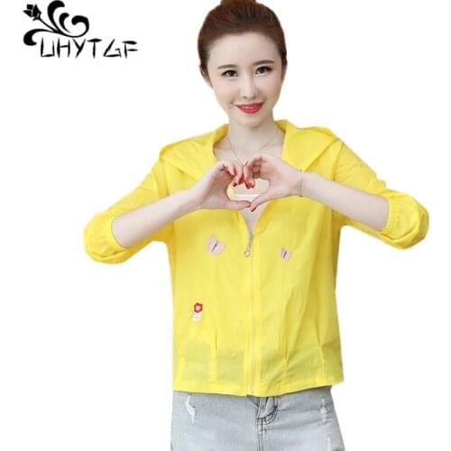 UHYTGF Embroidered Thin Sun Protection Clothing Jacket Women Fashion Chiffon Hooded Breathable Summer Coat Female Short Top 2155