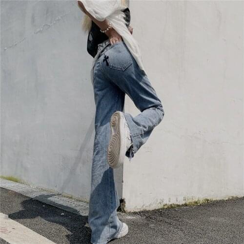 Cross Embroidery Jeans Korean High Waist Street Embroidery Street Wide Leg Pants Trend jeans for women high waisted jeans