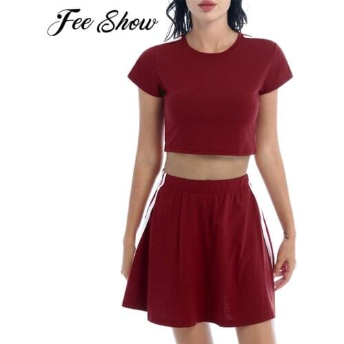 2021 Womens Casual Dance Costumes Gym Yoga Sport Suit Solid Color Cropped Top and Mini Skirt Set Summer Running Fitness Outfits