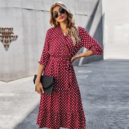 Ladies Spring Summer Elegant Dot Bandage Dress Women 2021 New Ruffles V Neck High Waist Slim Print Long Dress
