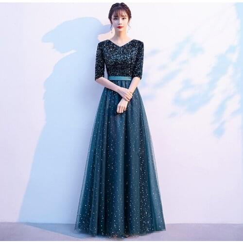 Sequins Simple Fashion Evening Dress V-Neck Lace Up Half Sleeves A-Line Pleat New Floor-Length Woman Formal Party Gowns A1405
