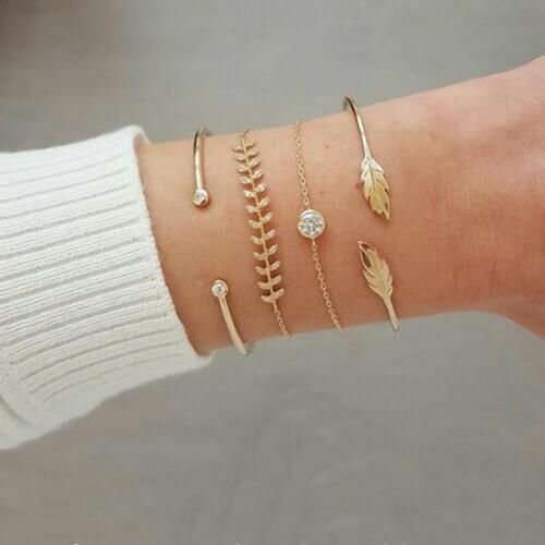 4 Pcs/ Set Womens Opening Bangle Bracelet New Exquisite Multilayer Crystal Leaves Geometric Chain Womens Ladies Jewelry Fashion