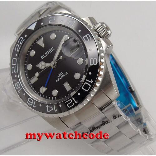 40mm Bliger Black Dial Ceramic Blue GMT Hand Sapphire Glass Automatic Mens Watch Oyster Bracelet Solid Back B177