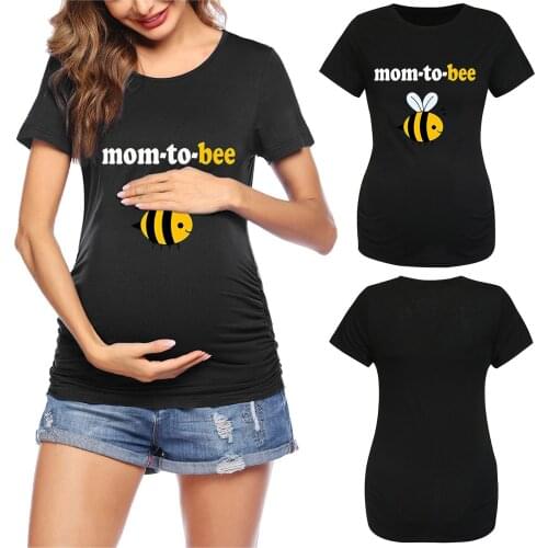 #56 Summer Maternity Clothes Women Bee Print Short Sleeve Cartoon Honeybee Tops Shirt Black Pregnancy Clothes Blusa Premama